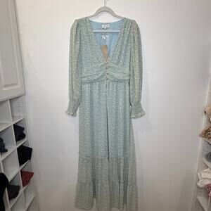 ACOA Maxi Light Blue Floral Puff Long Sleeve Dress  NWT